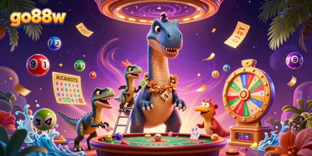Experience exciting gameplay at go88w with a towering dinosaur and dynamic casino elements.