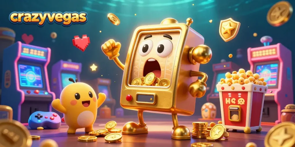 Watch the crazyvegas slot machine hit a jackpot while coins overflow in this vibrant casino scene.