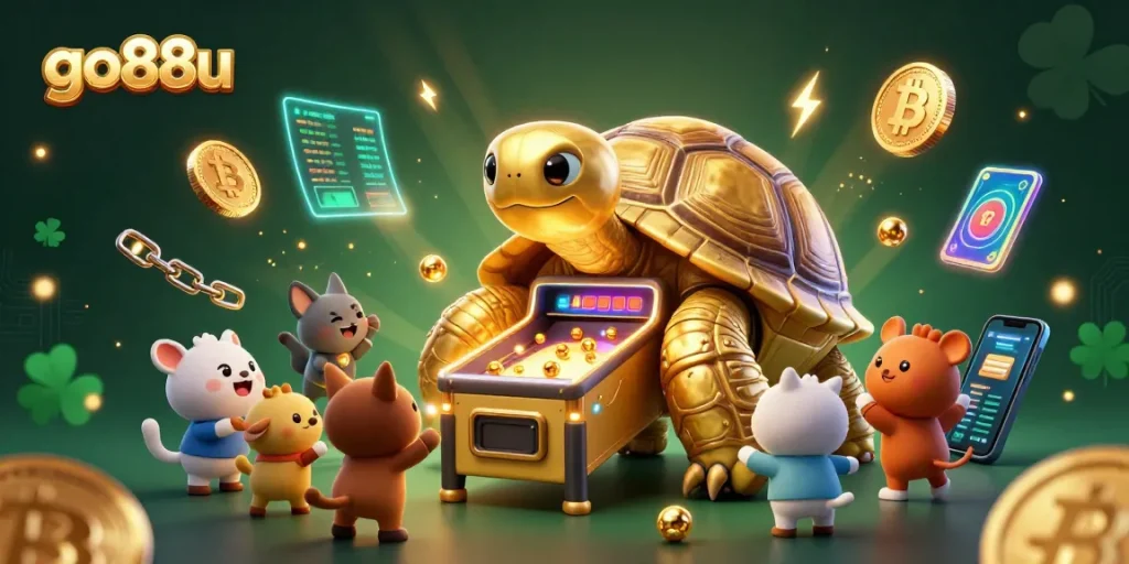 Discover exciting game strategies at go88u with a vibrant casino scene featuring a golden tortoise.
