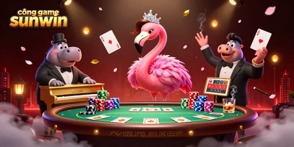Engage with the vibrant scene at cổng game sunwin featuring playful casino characters and poker elements.