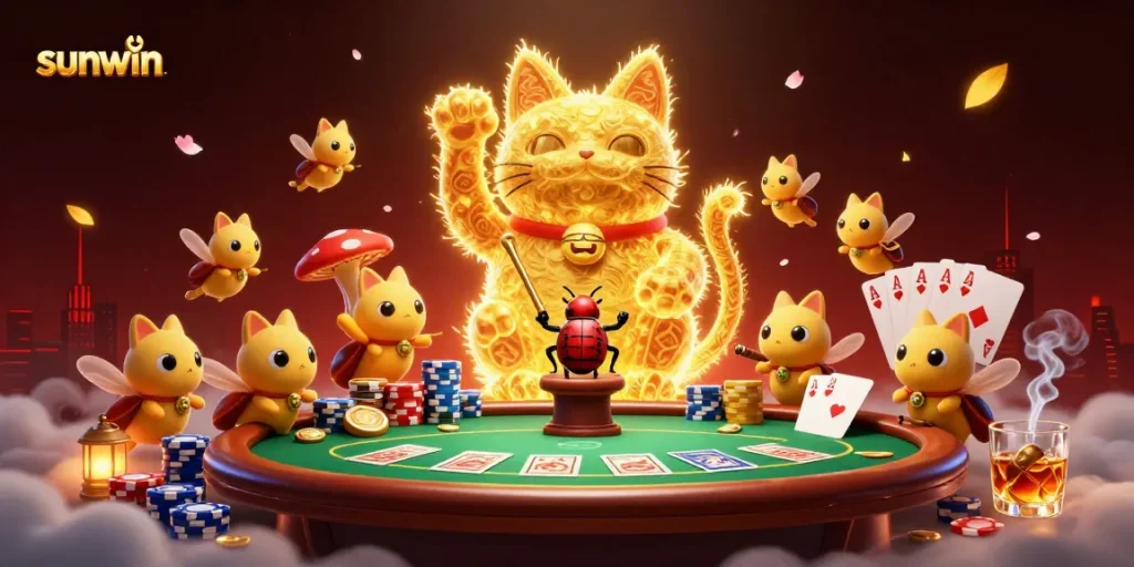 Join the excitement of sunwin as a lucky cat takes center stage among colorful casino elements.
